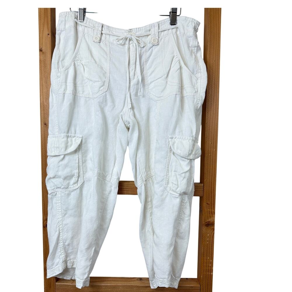 Eddie Bauer White 100% Linen Multi-Pocket Tie Waist Capri Pants Size 8